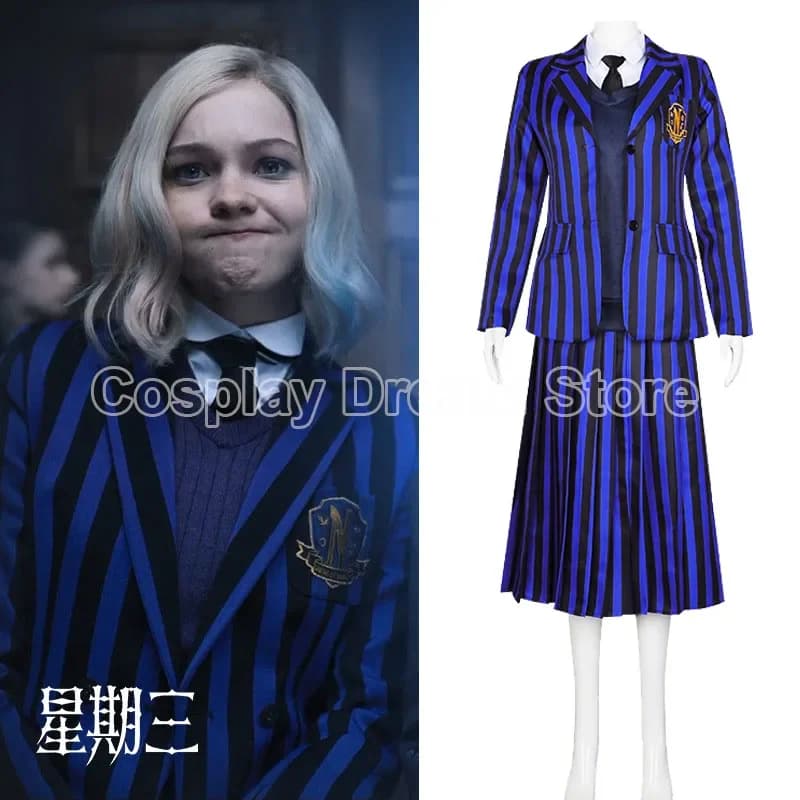 Kostium Cosplay Wednesday Addams & Enid Sinclair – Niebieski Szkolny Mundurek, Marynarka + Kamizelka + Koszula + Spódniczka | Halloween, Serial Wednesday